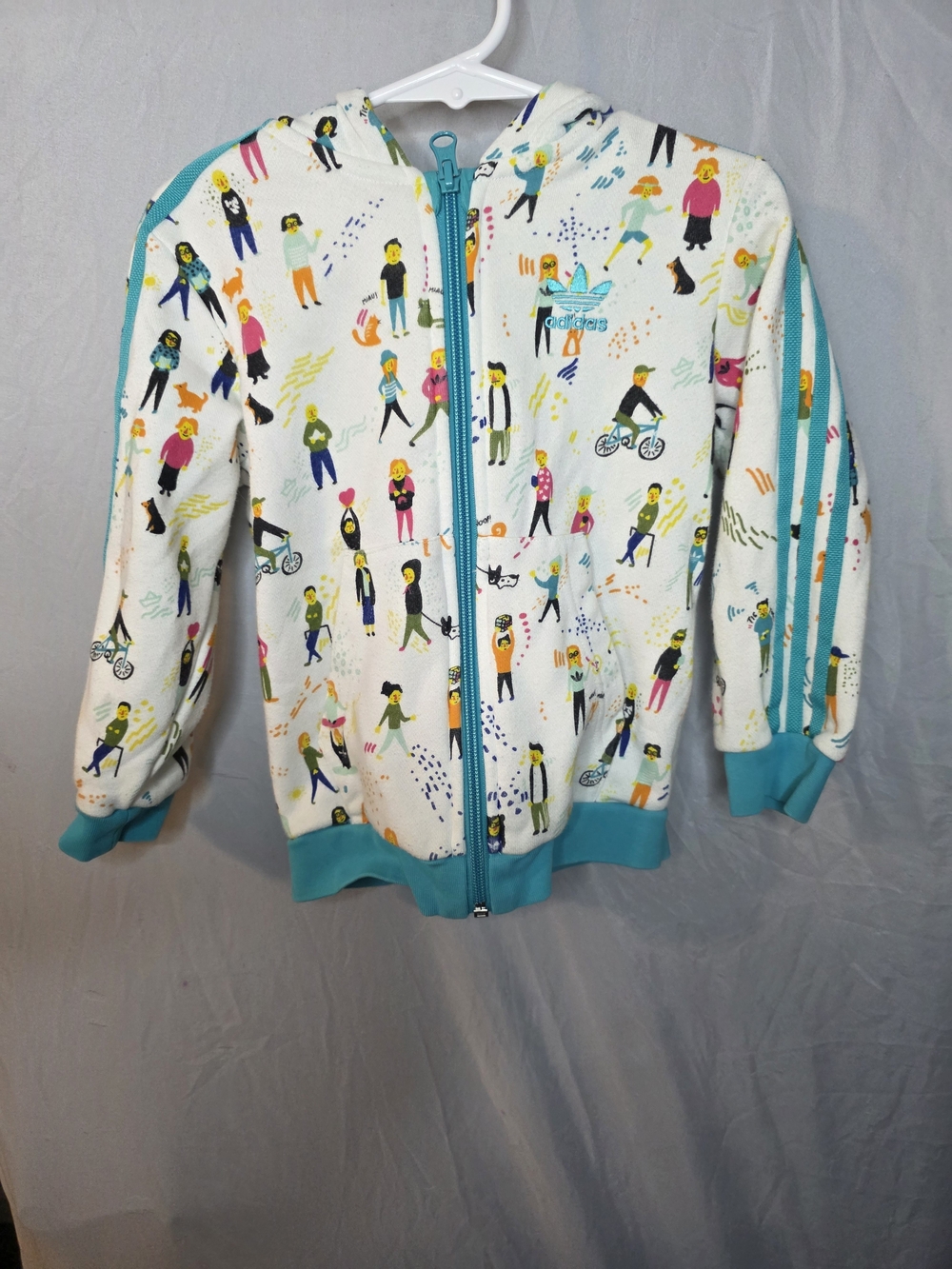 adidas White Hoodie with Teal Accents and Multicolor People Print